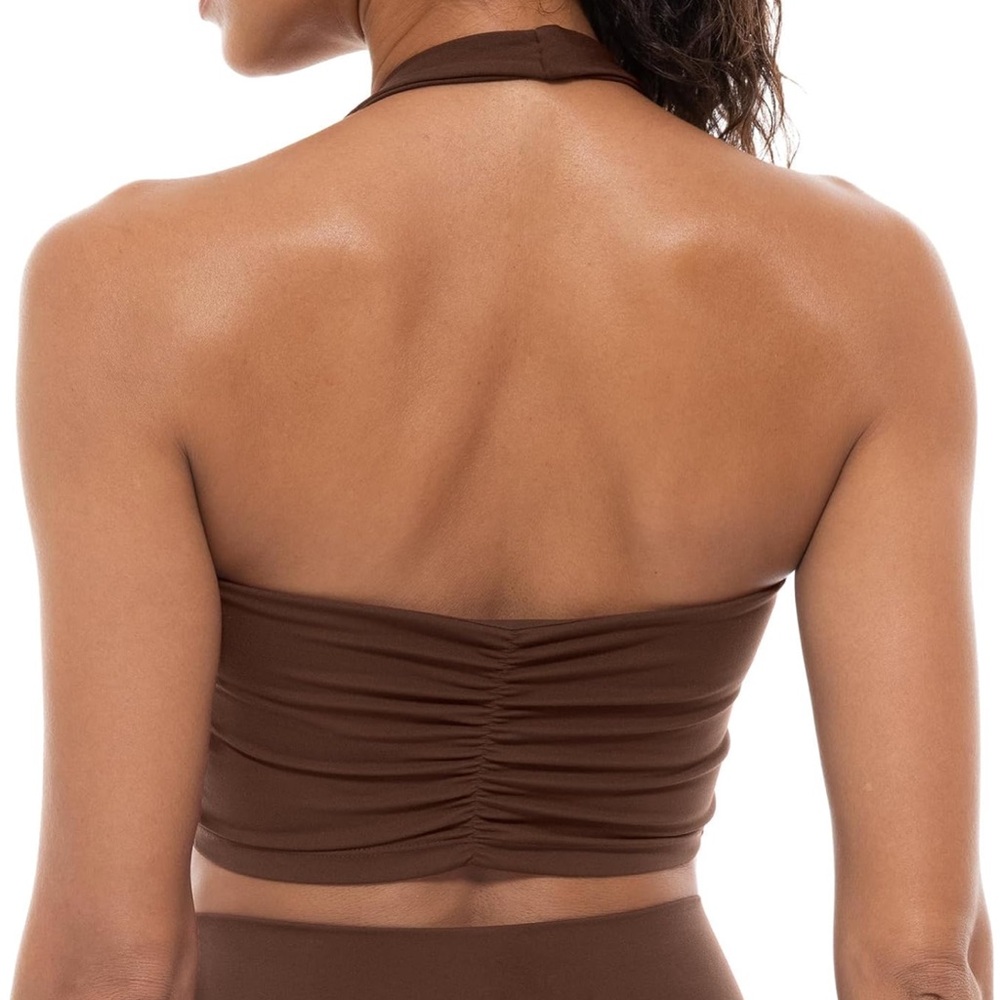 Lavento Women's Halter Sports Bra Pleated Longline Yoga Crop Bras Top